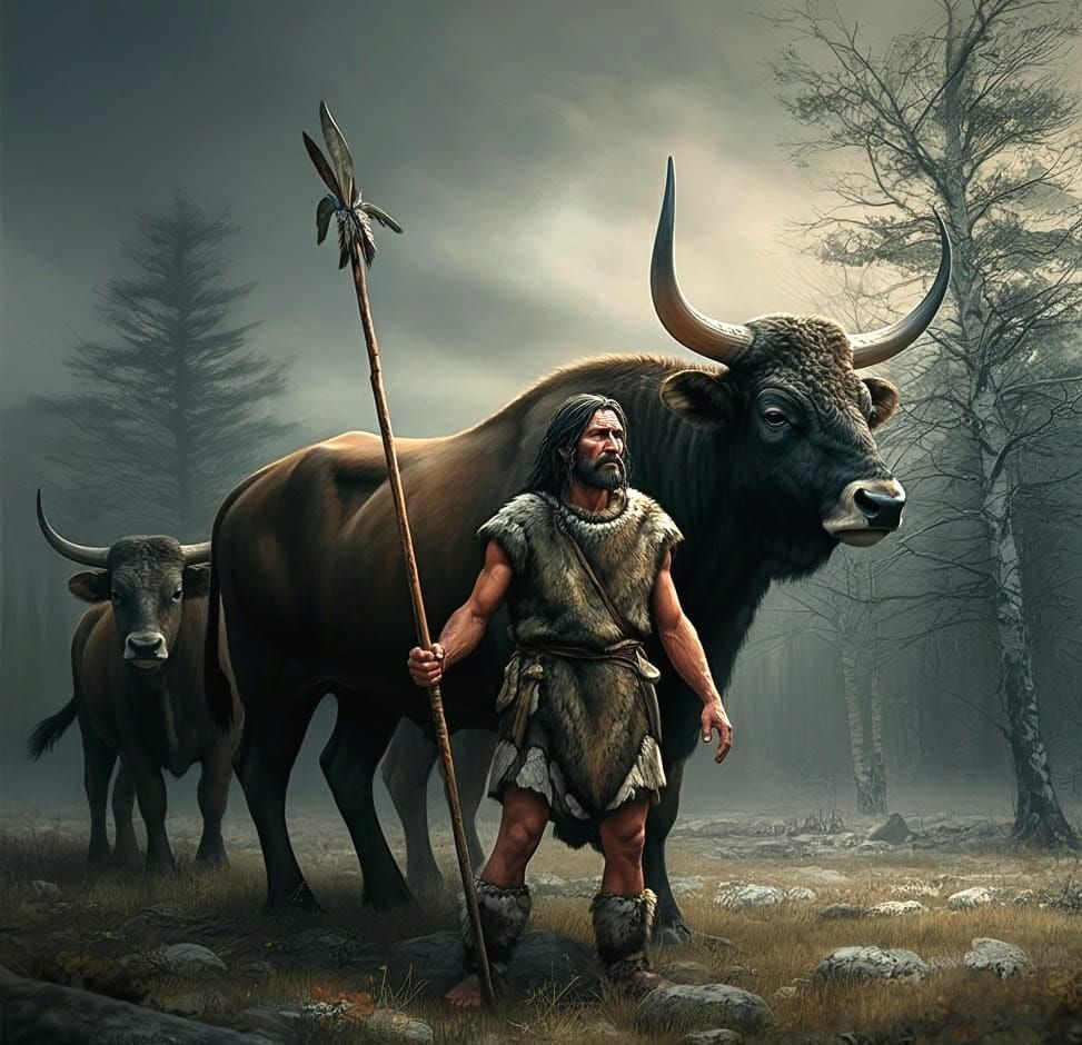 Early herder with his prize aurochs bull and cow