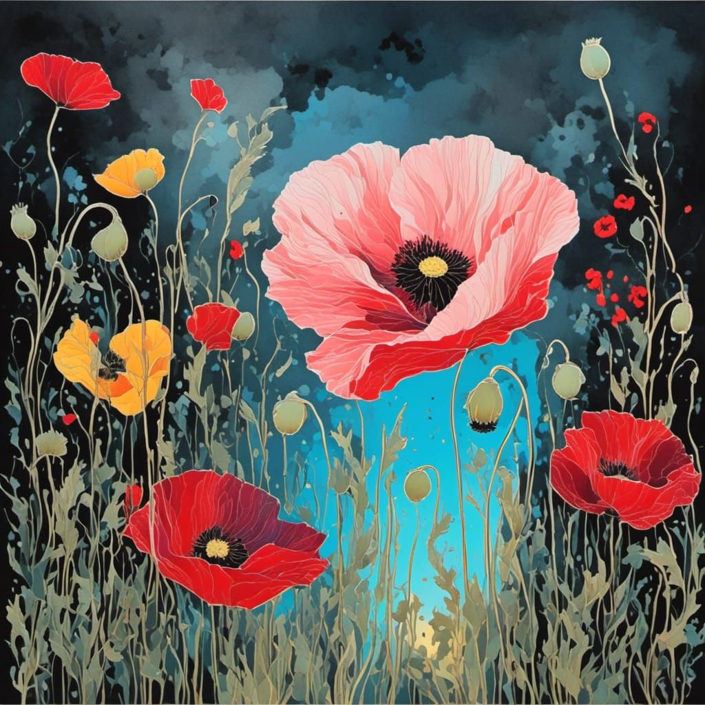 Field of Poppies Backlit by Sun, AI Generated