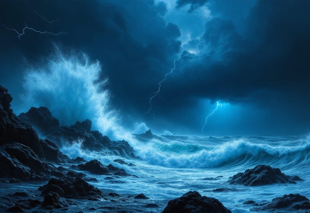 Crashing Waves Under Lightning Storm
