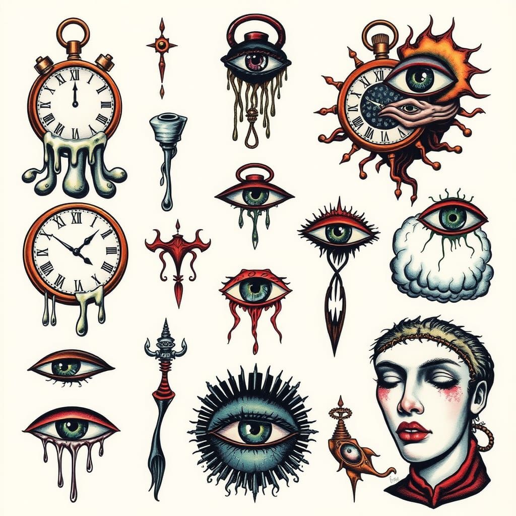 Surreal Flash Tattoo Sheet in Dreamlike Style