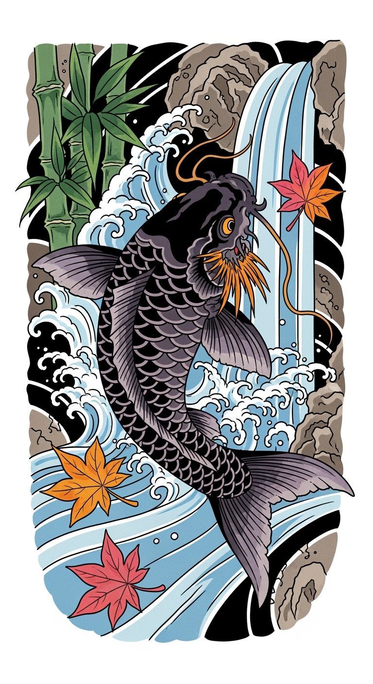 Koi Fish Tattoo Design in Japanese Woodcut Style