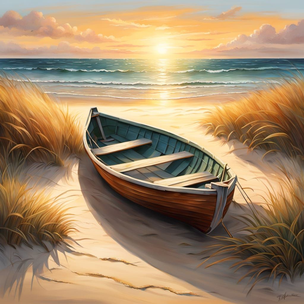Realistic Wooden Rowboat on Beach at Sunrise