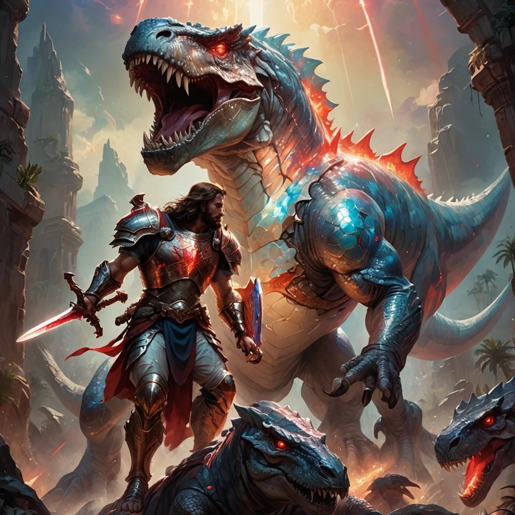 Warrior Christ Rides a T-Rex in Fantasy Art