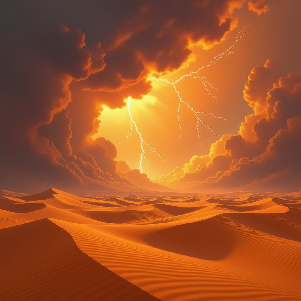 Vast Desert Under Stormy Orange Clouds With Lightning