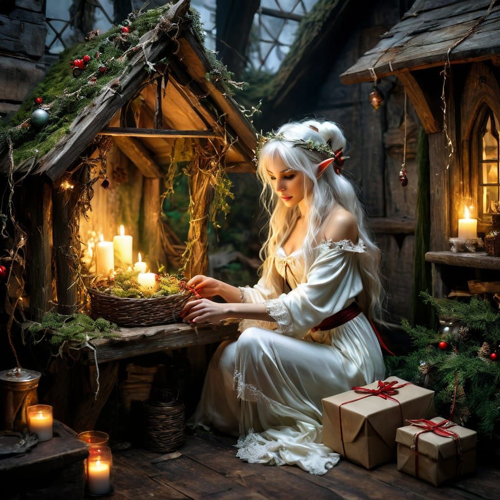 Christmas Elf in Rustic Cottage, Anime Style