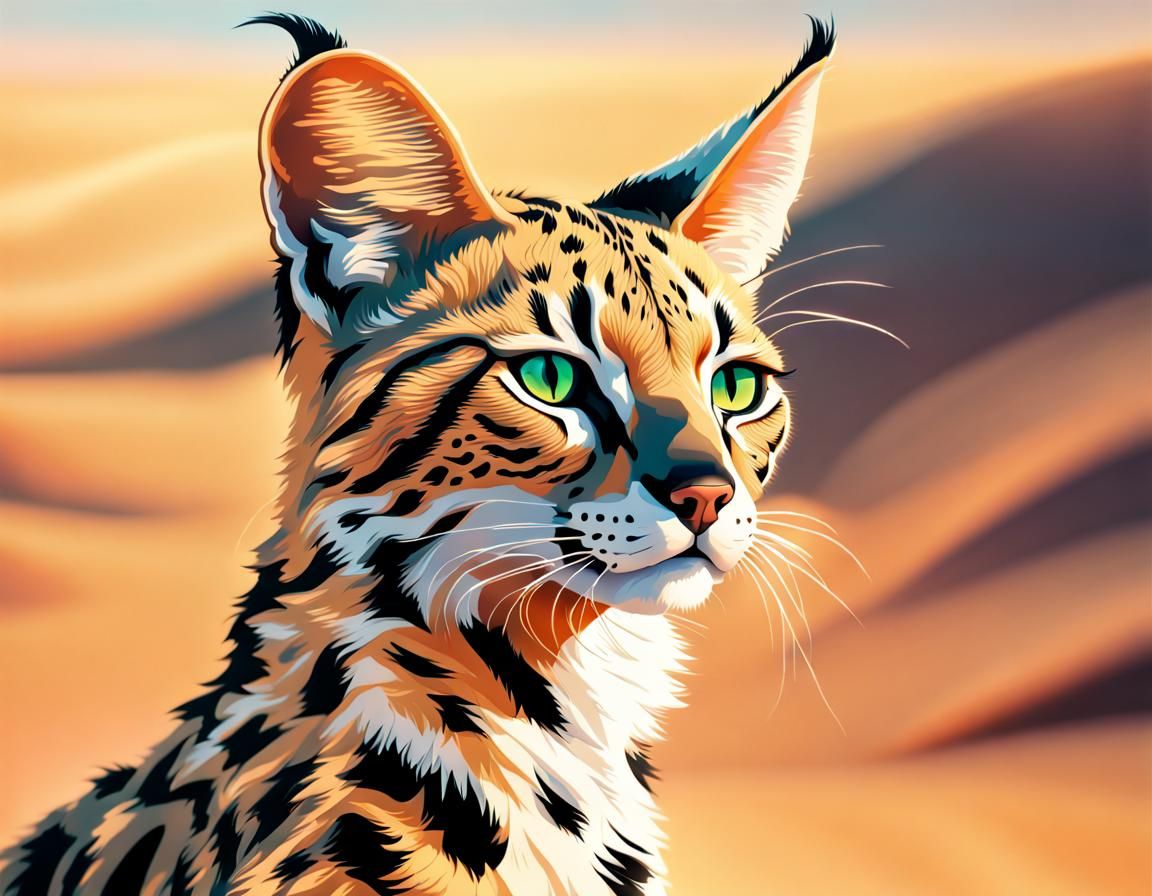 Hyperrealistic Serval Portrait in Sahara, Digital Art