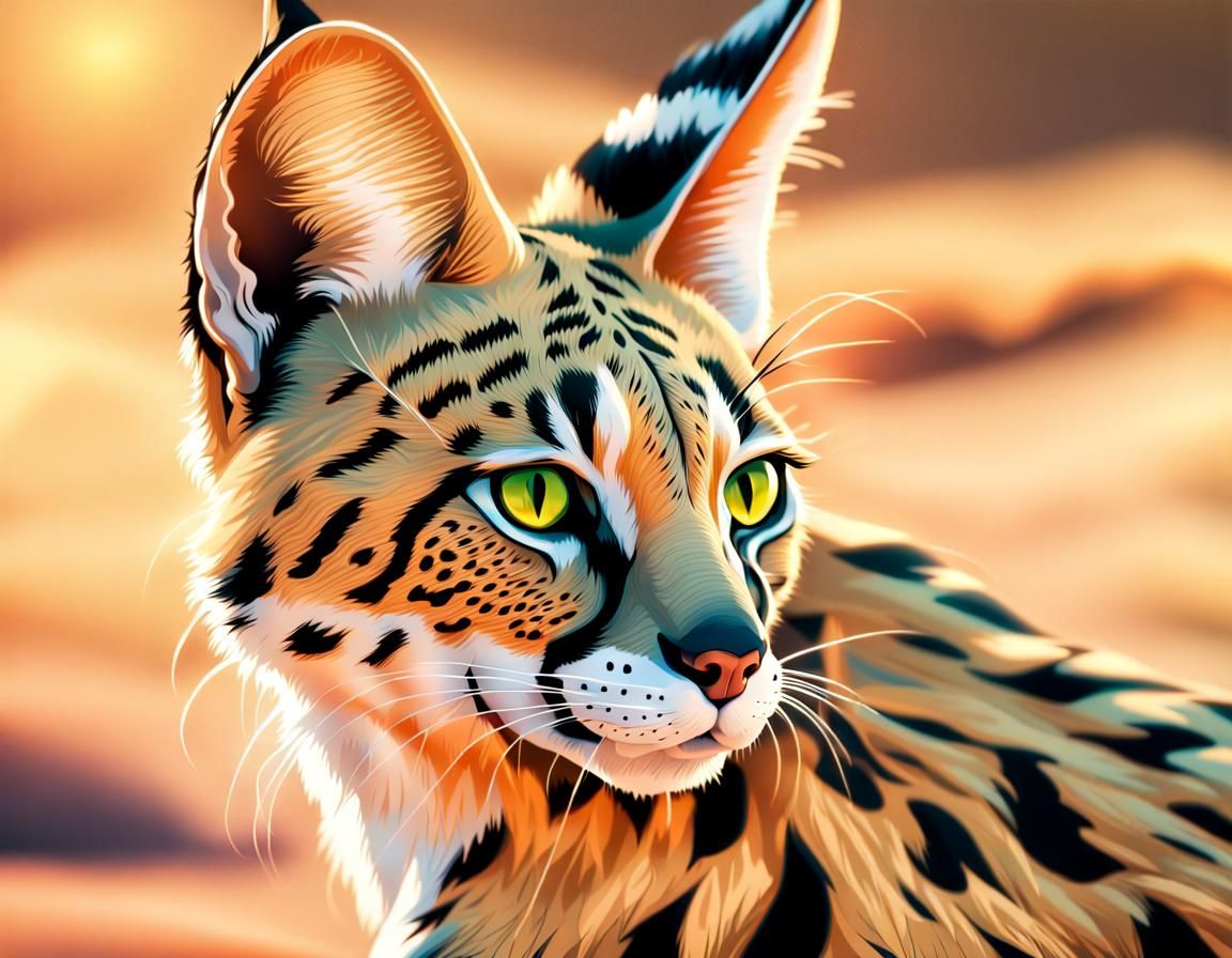 Serval in Sahara: Hyperrealistic Splash Art