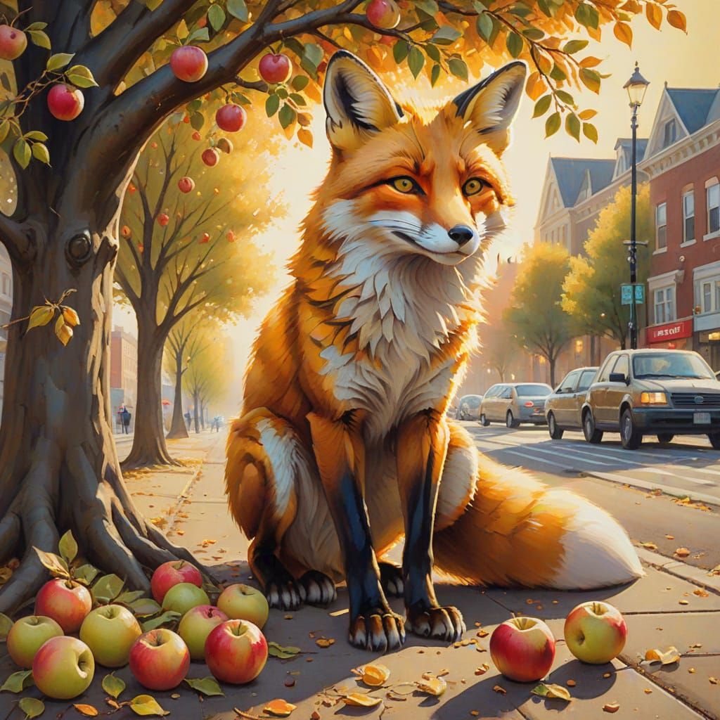 Anthropomorphic Fox Picking Apples in Oil Painting