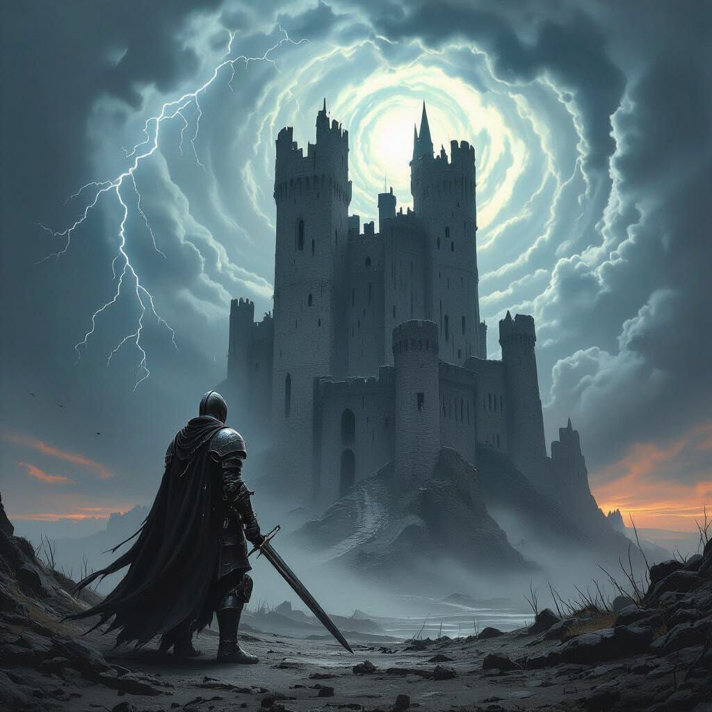 Armored Knight Silhouetted Against Crumbling Castle