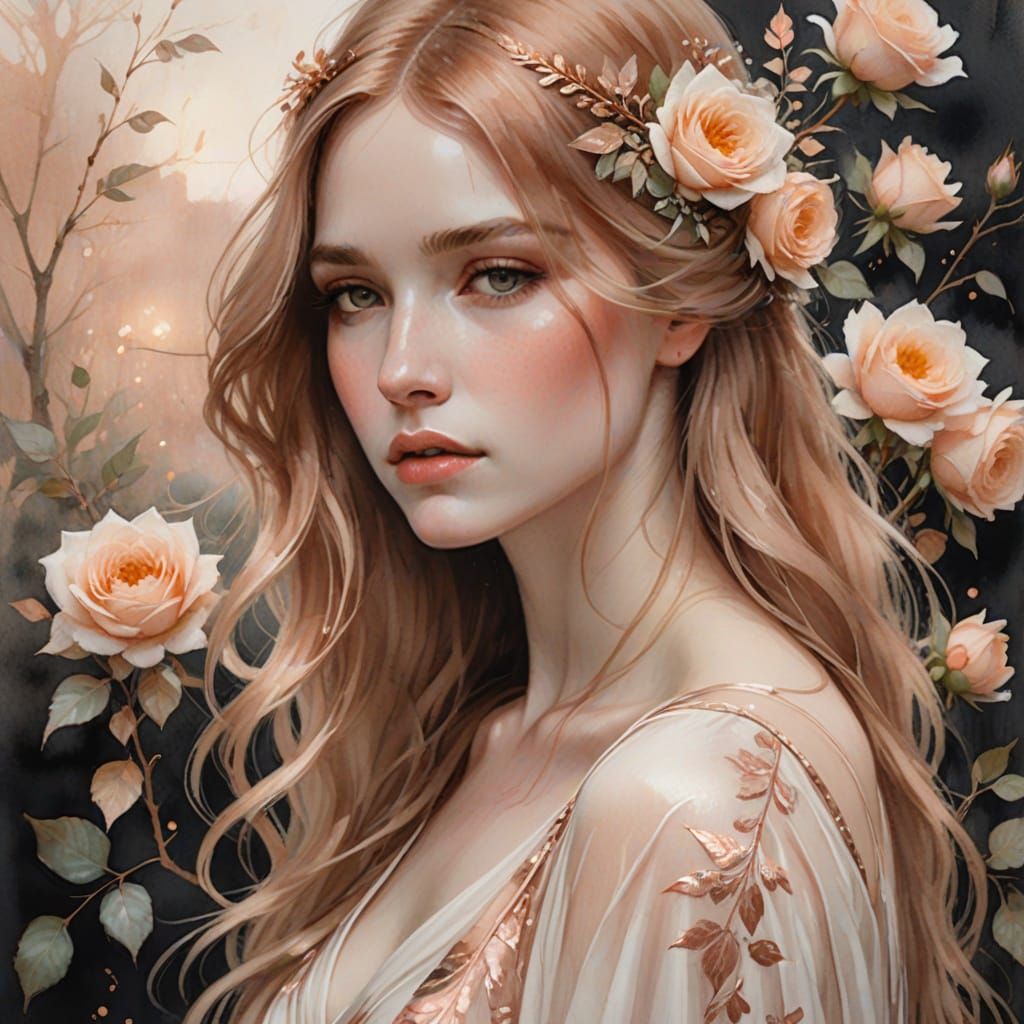 Ethereal Watercolor Goddess in Whimsical Rose Gold Gown