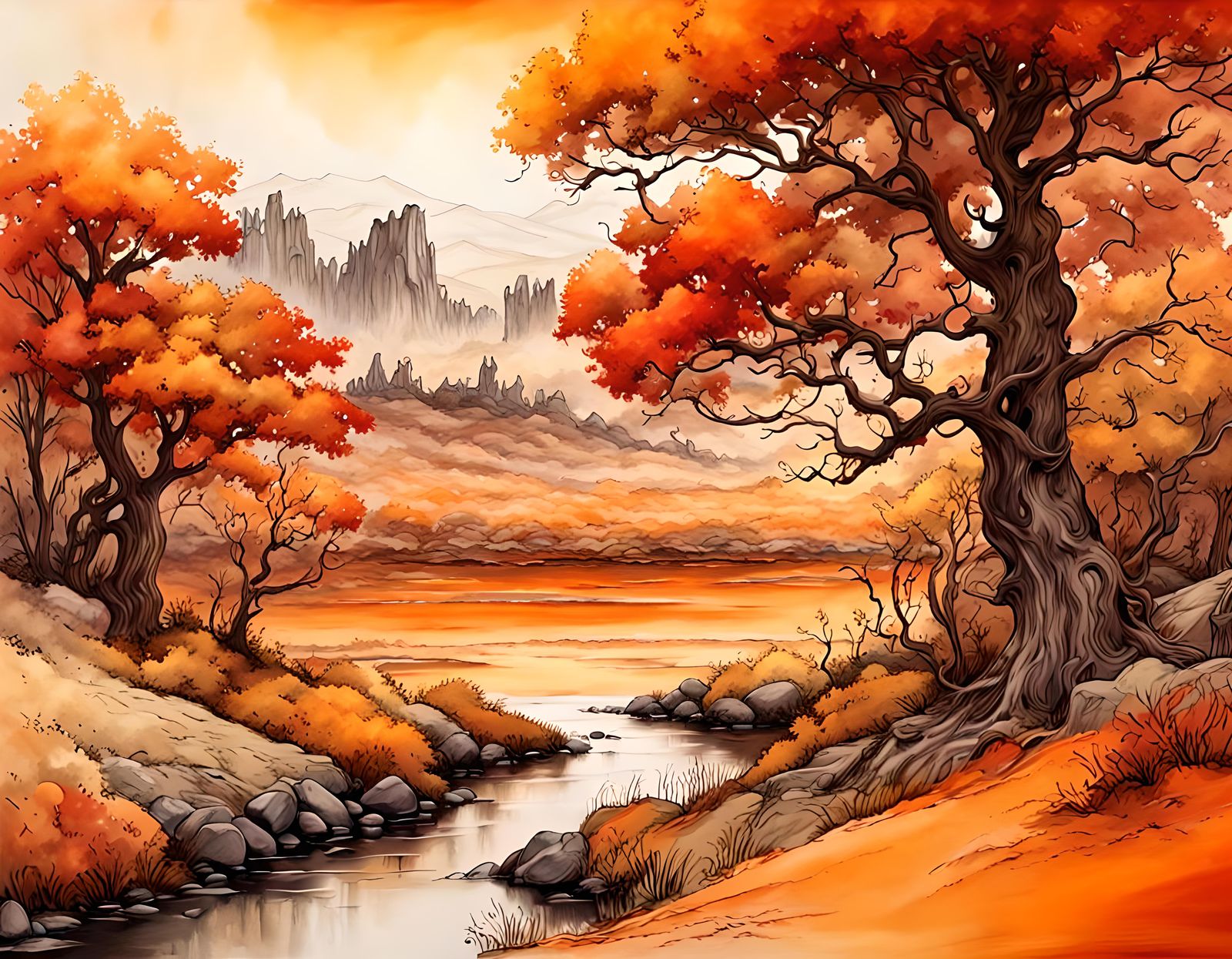 Beautiful landscape scene, very dark orange, palette dark or...