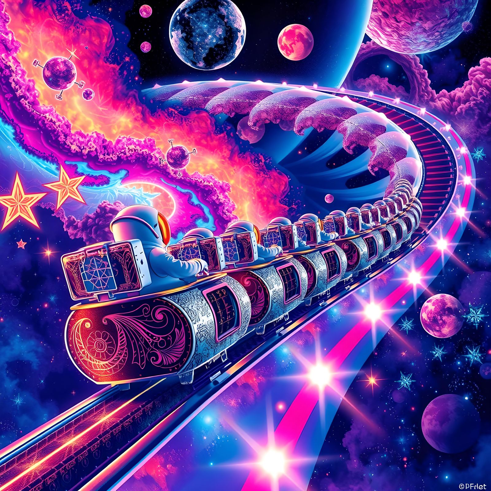 Hyperrealistic Rollercoaster in Outer Space with Astronauts