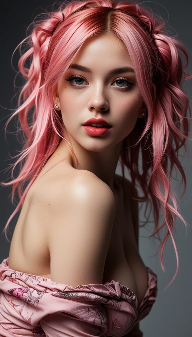 Hyper-Realistic Pink-Haired Pin-Up Art