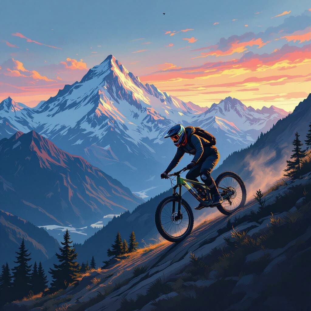 Downhill Cyclist on Mountain in Retro-Futuristic Style