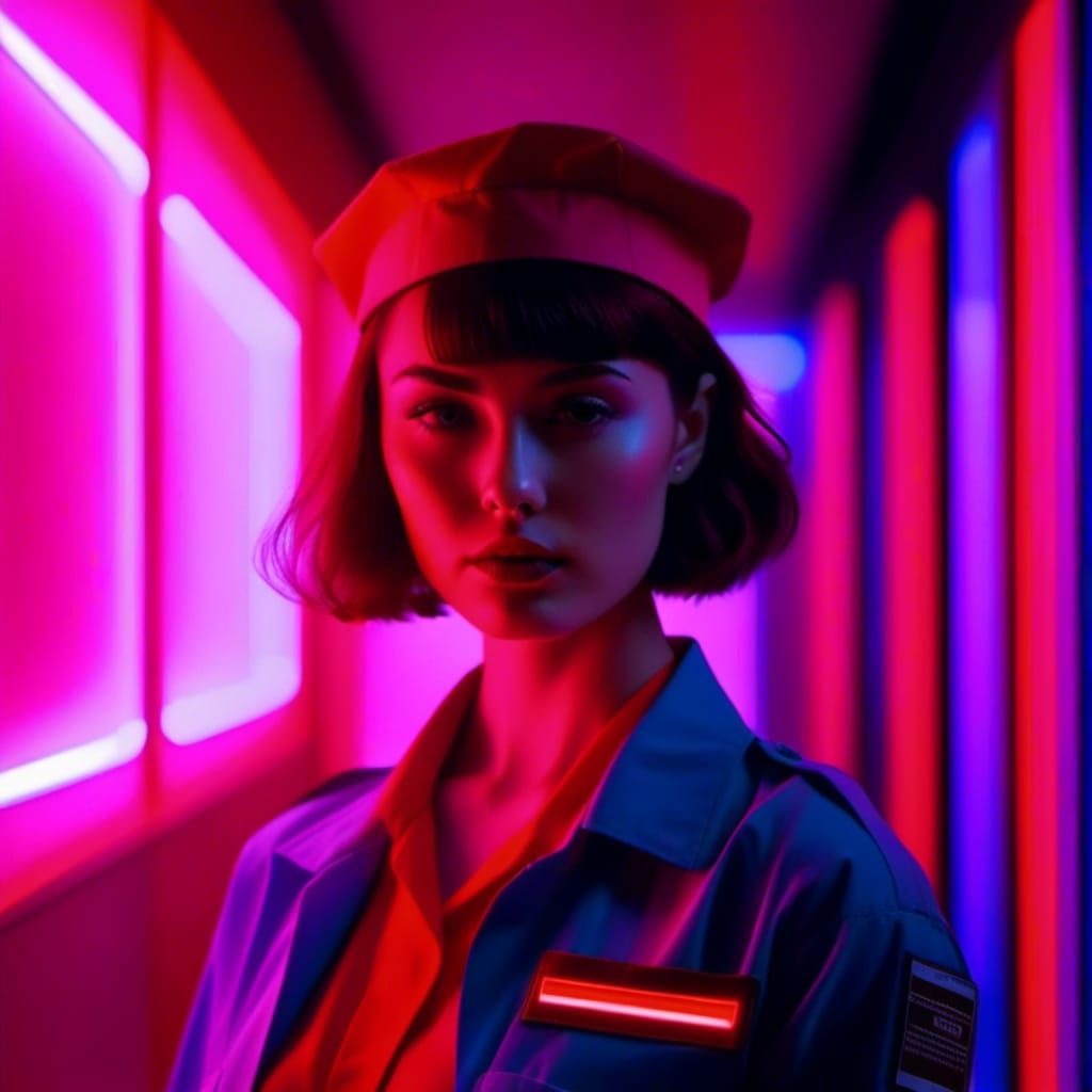 Dark Hospital Hallway with Nurse in Red Lighting