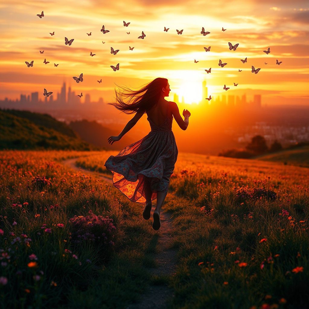 Woman Running in Sunset Field with Butterflies
