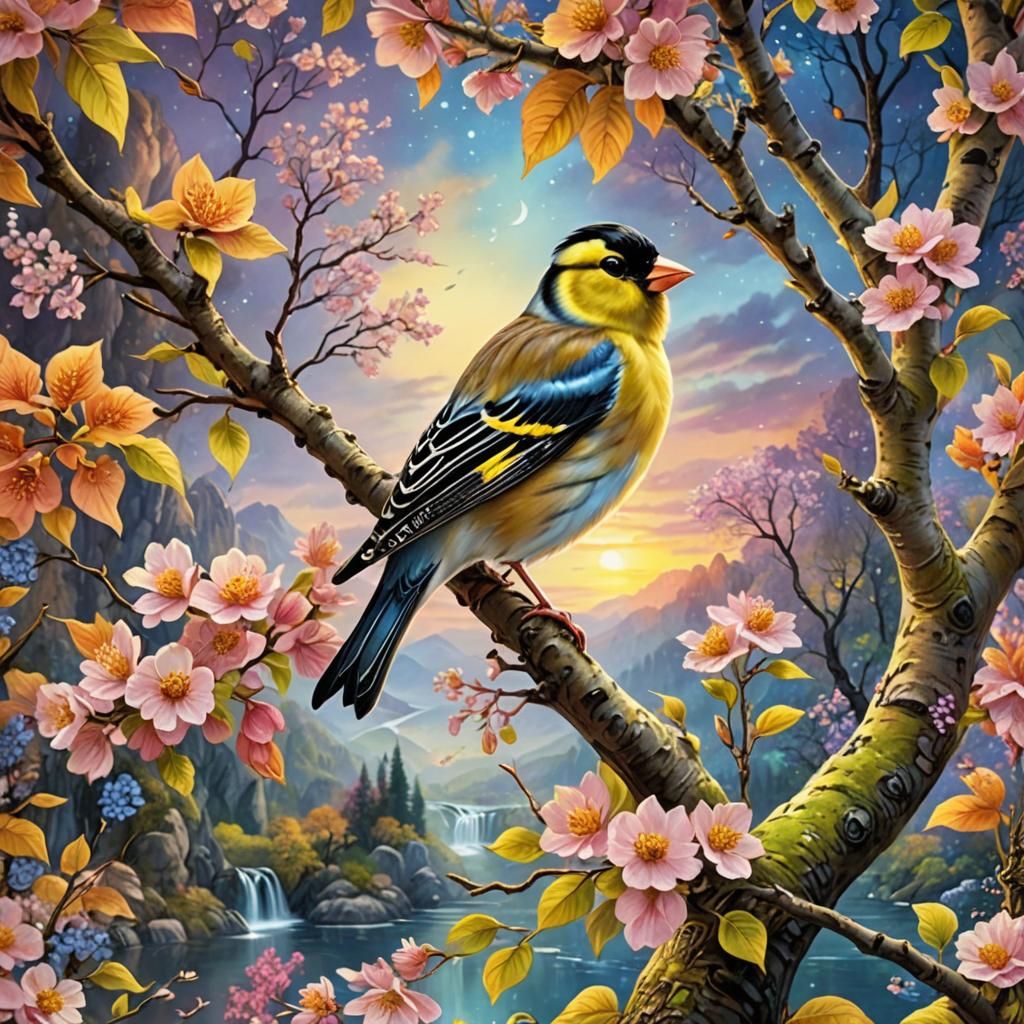 Goldfinch in a Riotous Blooming Garden, Digital Art