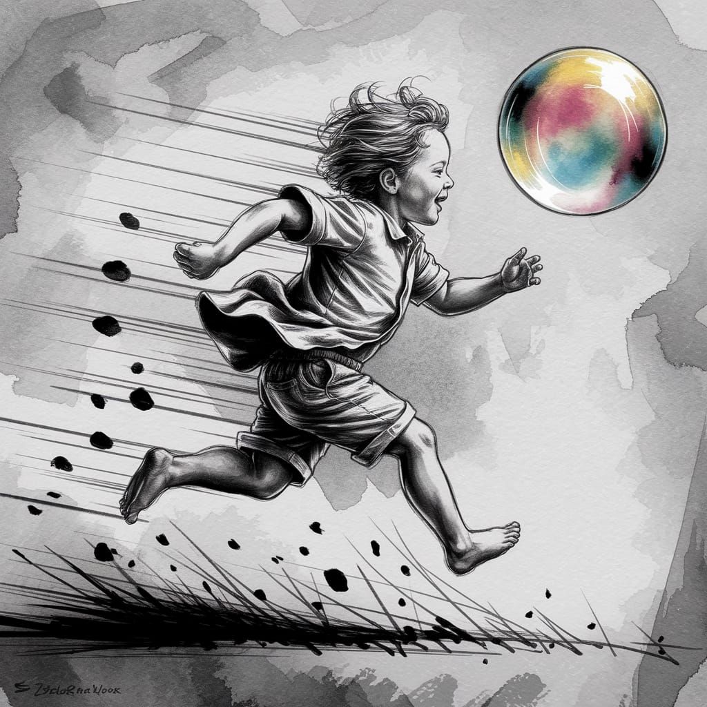A dynamic, expressive depiction of a child running and jumpi...