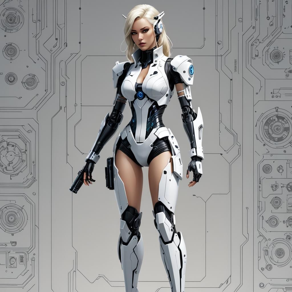 Cyberpunk Android Woman Technical Blueprint in Papercraft St...