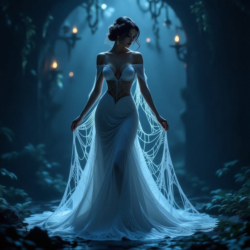 Ethereal Woman in Translucent Spiderweb Dress