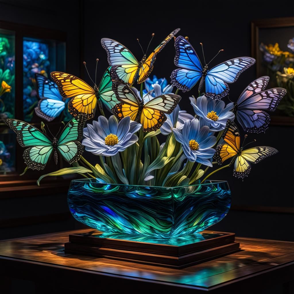 Glowing Glass Flowers on Display in 3D Art