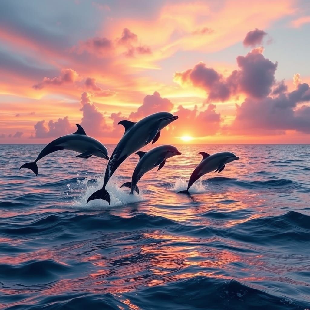 Dolphins Leaping in a Colorful Ocean