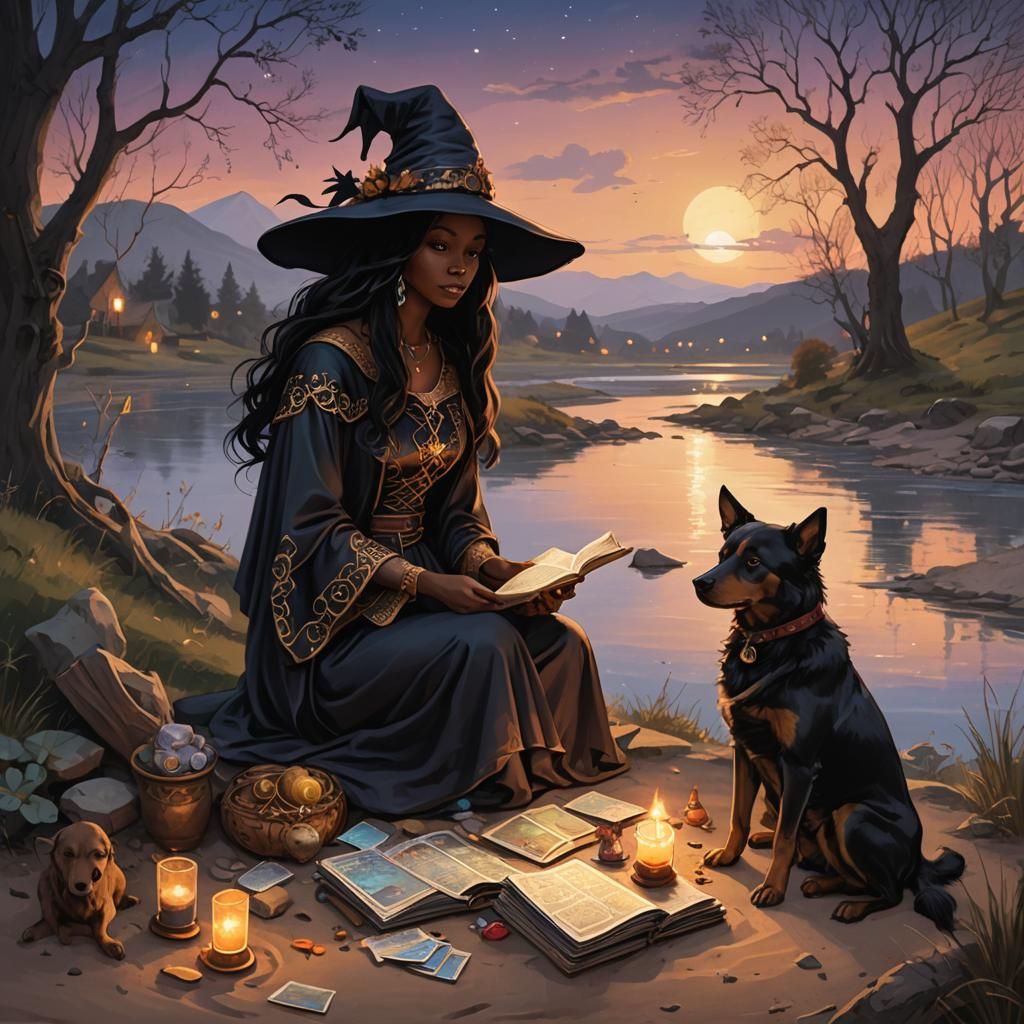 Beautiful Witch Reads Tarot at Dusk