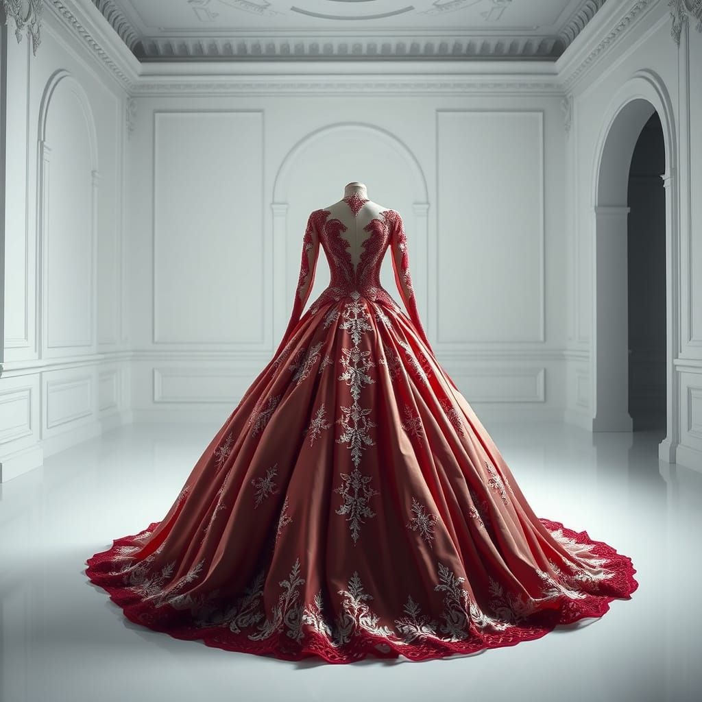 Stunning Red and White Ball Gown in Hyperrealistic Style