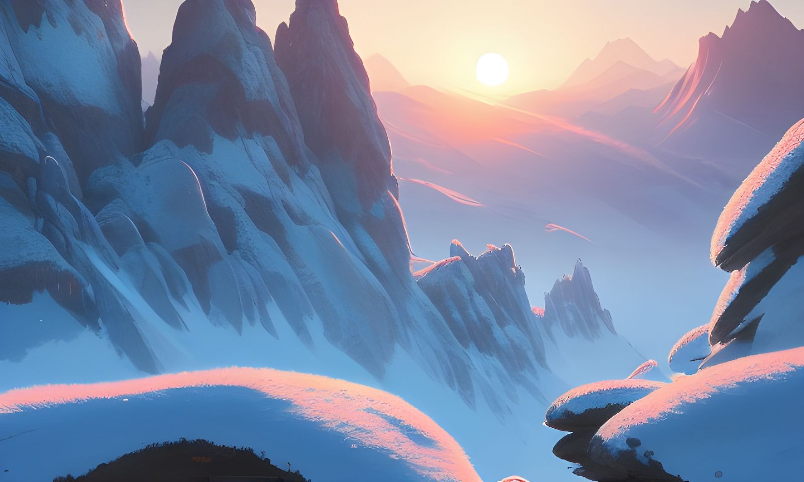 Snow-Peaked Mountains at Sunrise, Anime Style