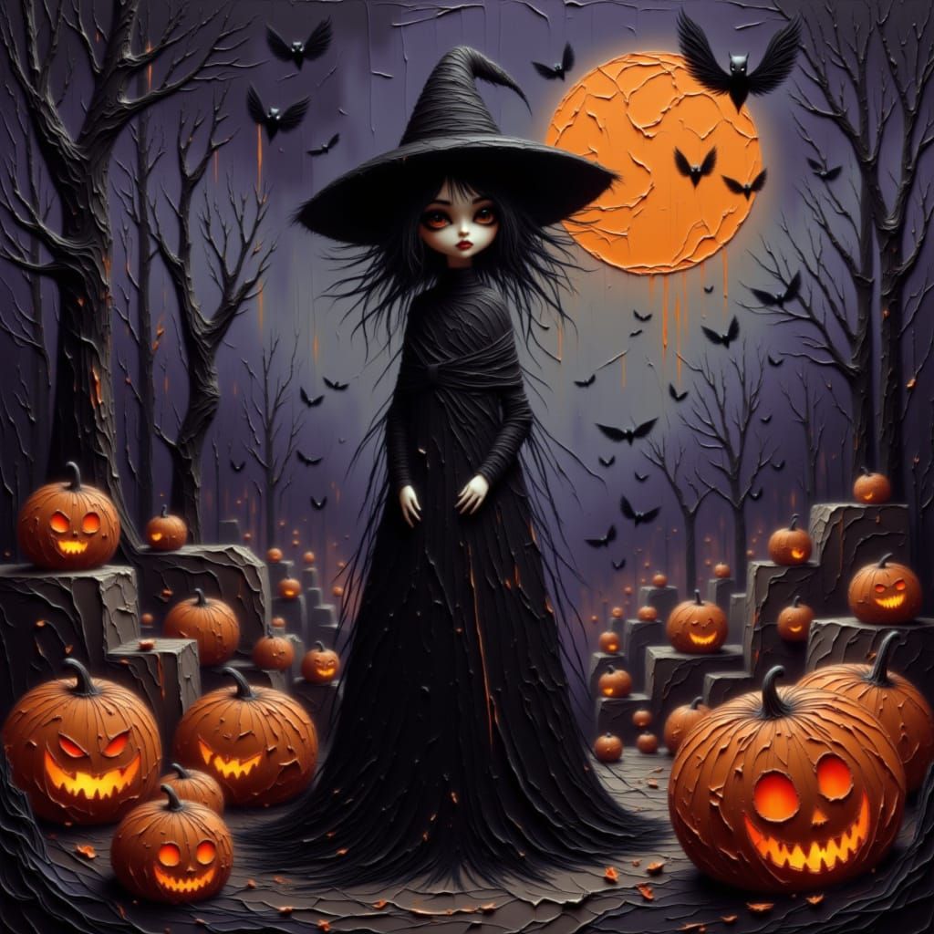Sinister Witch in Spooky Graveyard with Bats and Jack-o'-Lan...