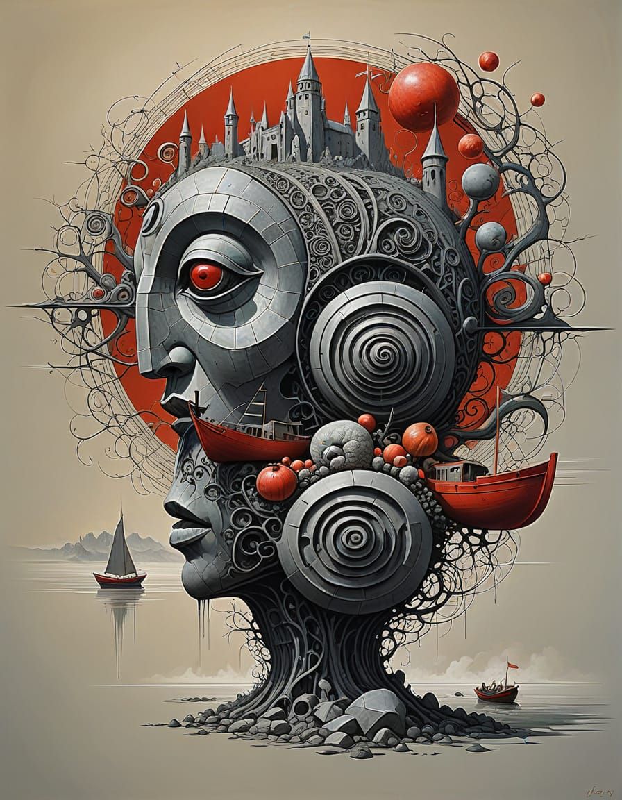 Surreal Medieval Castle with Snail and Red Boats