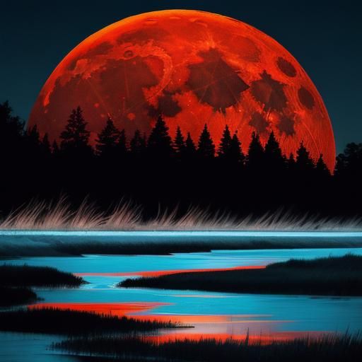 Fiery River Under Red Moon: Hyperrealistic Digital Art