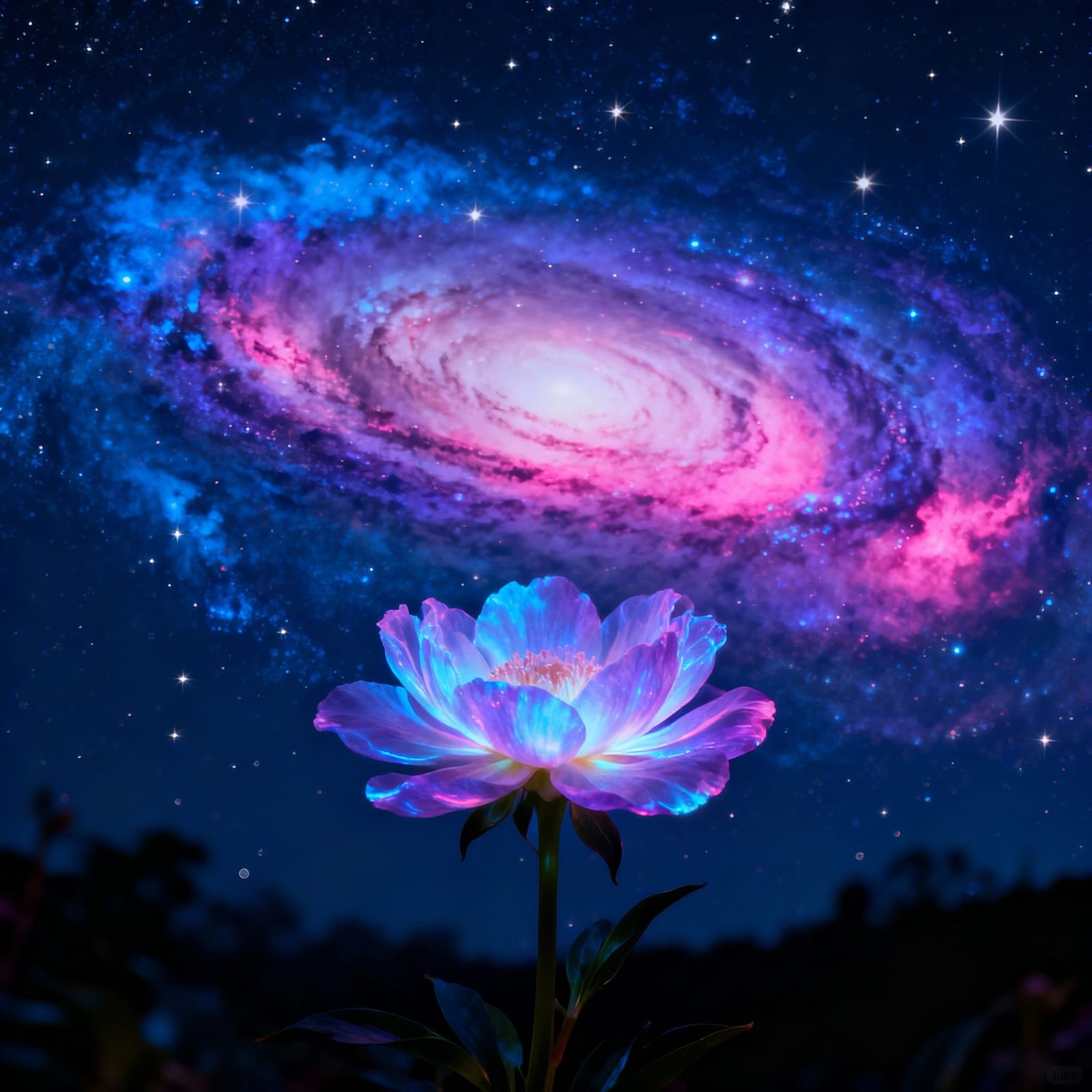 Bioluminescent Flower Blooms Before a Swirling Cosmic Galaxy