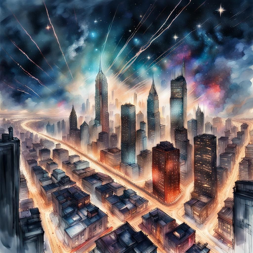 Spectacular Cityscape at Night in Watercolor Style