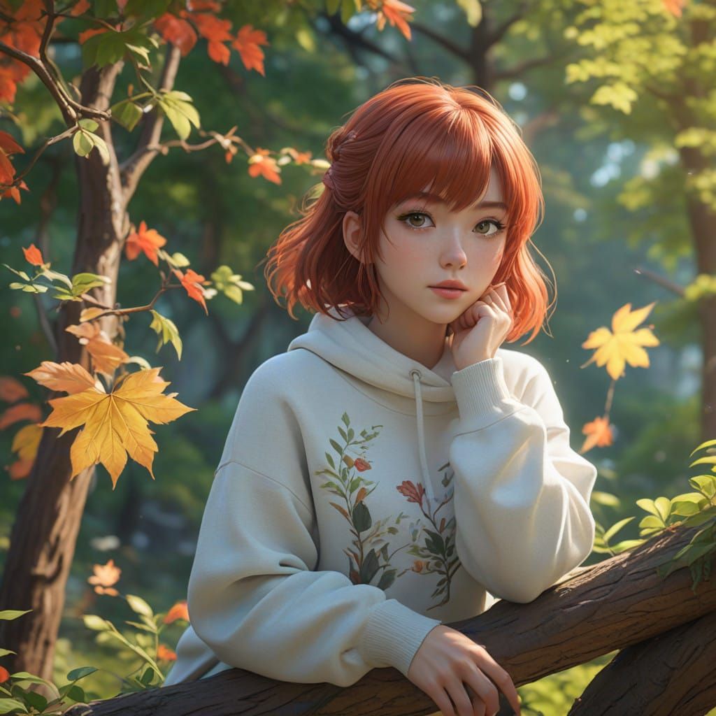 Surreal Girl Amongs Vibrant Leaves in Dreamlike Environment