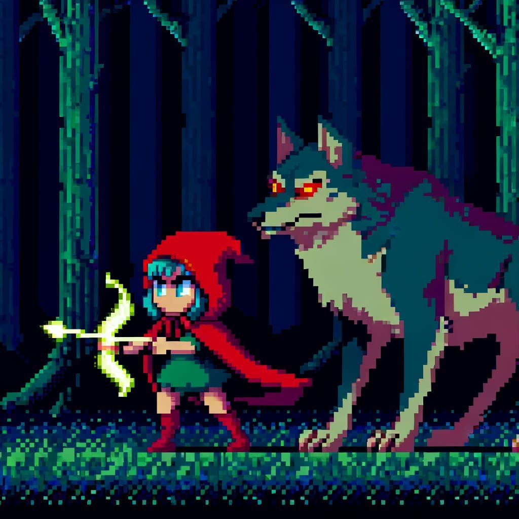 Pixel Art Girl and Wolf Ready for Battle