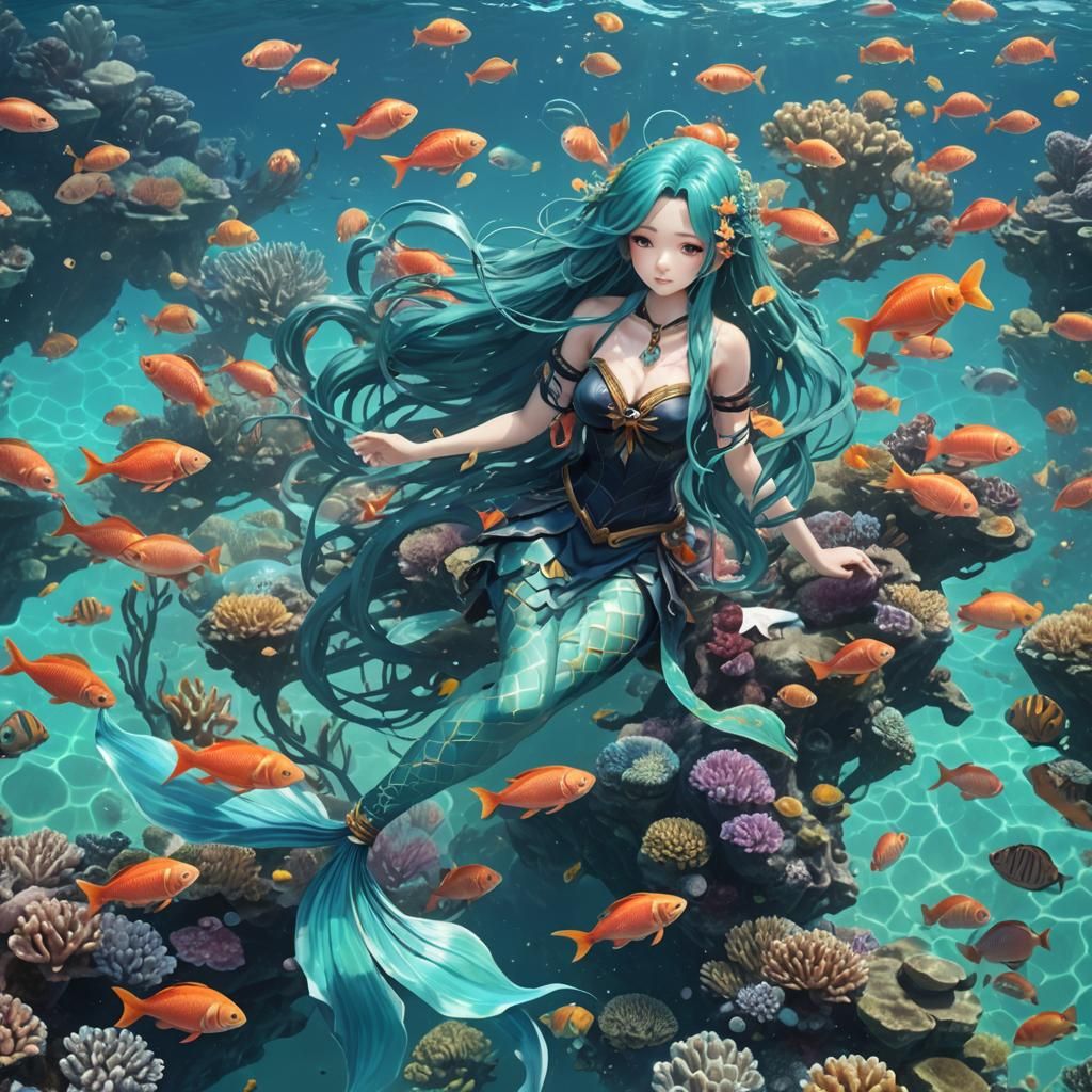 Anime Mermaid Swimming in Turquoise Sea