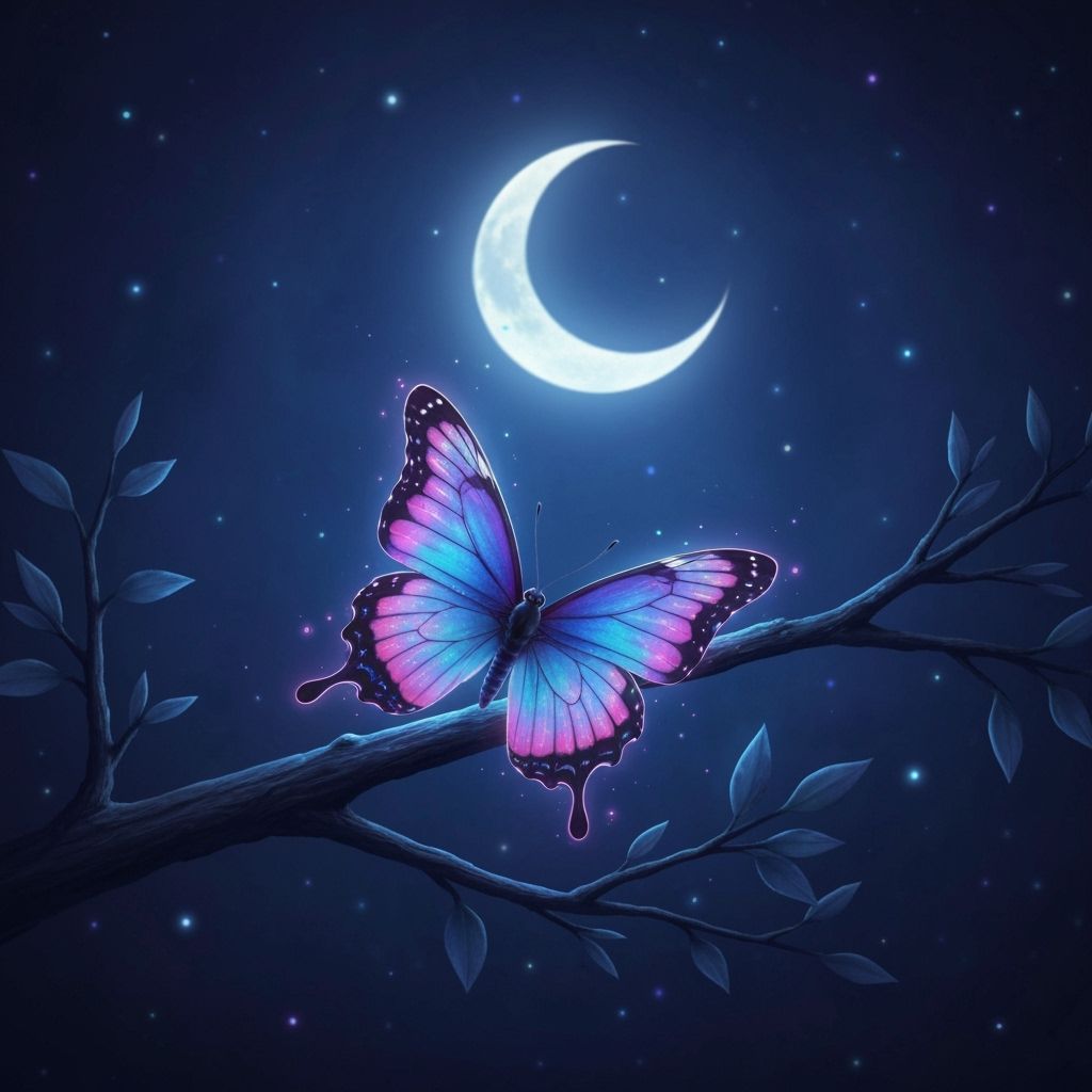Glowing Butterfly on Moonlit Branch, Digital Painting