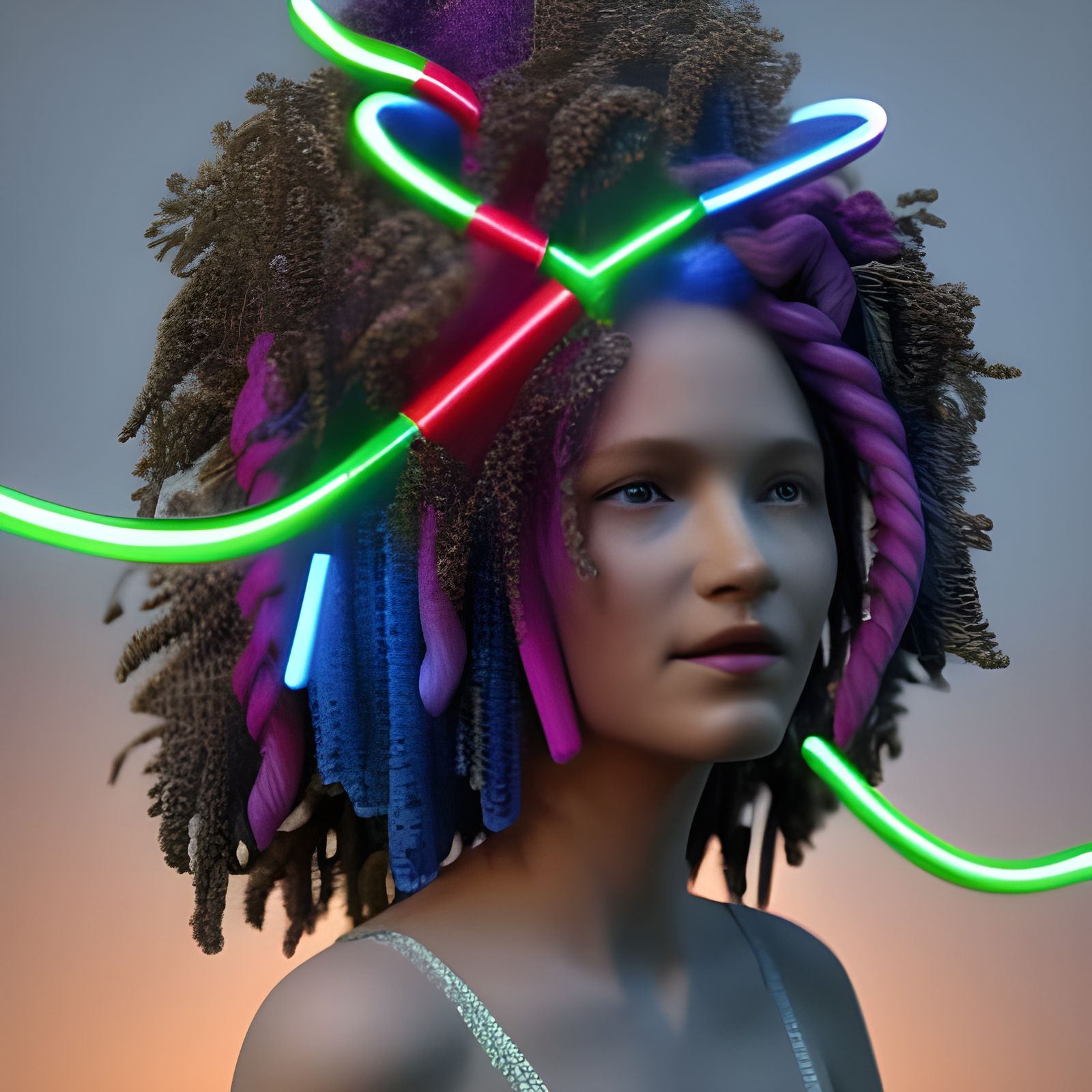 Curly Goddess Plays with Mother: 3D Neon Art