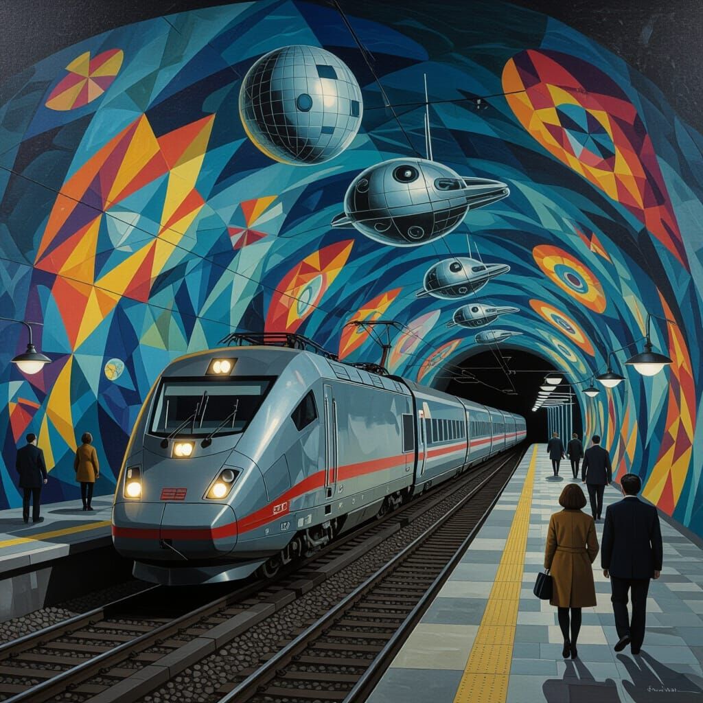 Surreal Futuristic Train Station with Floating Robots