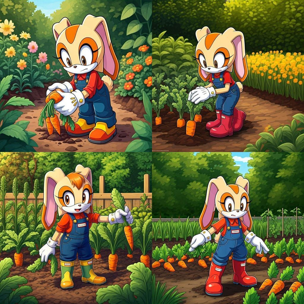 Cream Rabbit Pulling Carrots in Allotment