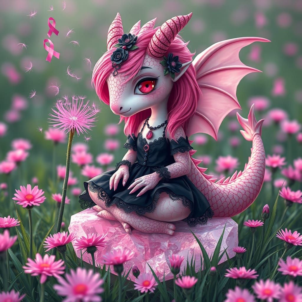 Pink Gothic Dragon-Girl Making Wish in Dandelion Field