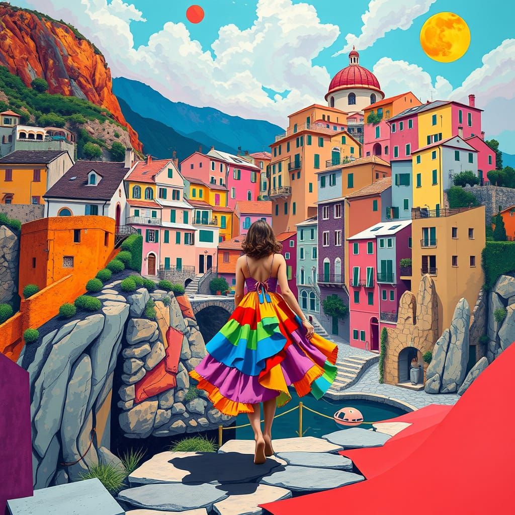 Cinque Terre Woman in Vibrant Contemporary Art Style