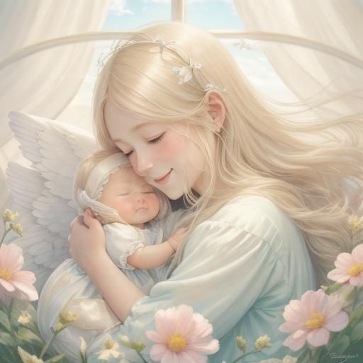 Baby Girl with Angel Wings in Watercolor Style