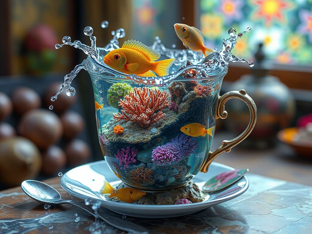 Ethereal Dreamscapes: Whimsical Oceanic World in a Tea Cup