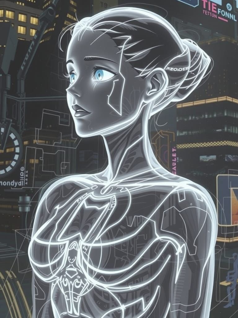 Sleek Futuristic Woman Emerges from Hi-Tech Wall Panel in Vi...