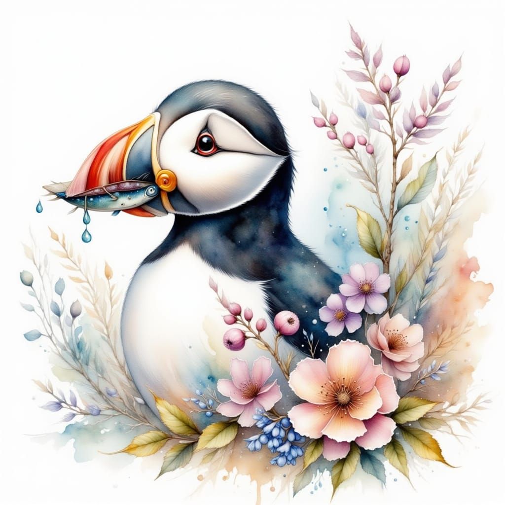 Watercolor Puffin with Fish in Mouth