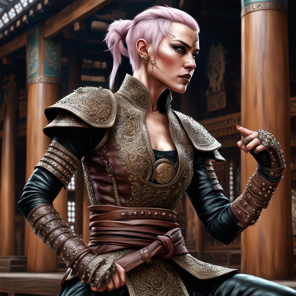 Spunky Elven Monk in Goth Dojo Action Shot