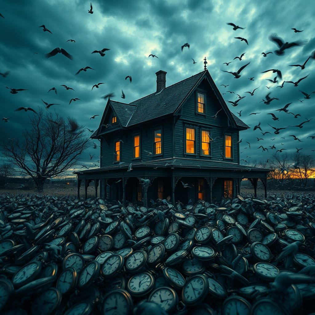 Victorian House Swarmed by Pocket Watch Birds