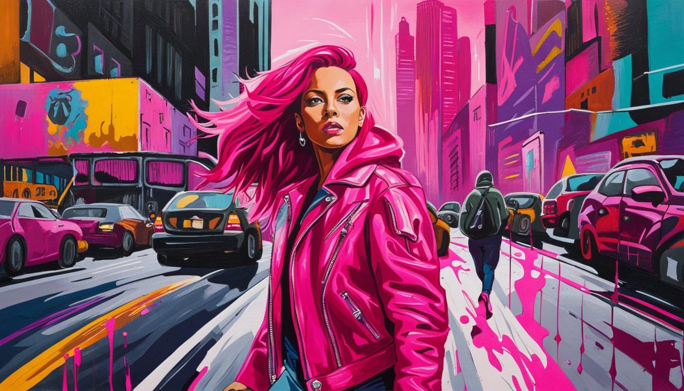 Magenta-Haired Woman in Neon Graffiti City